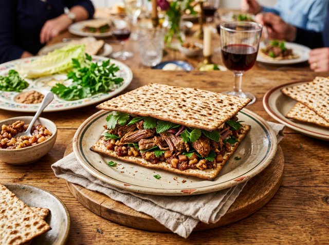 Matzah sandwich with chopped meat and herbs on a ceramic plate with red wine.
