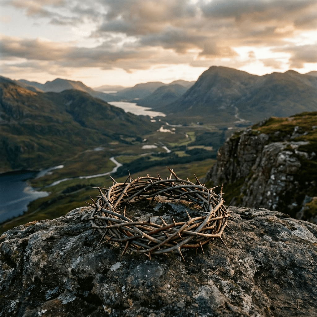 Woven wreath made of thorns placed on a rock ledge with mountains and a river valley in the background