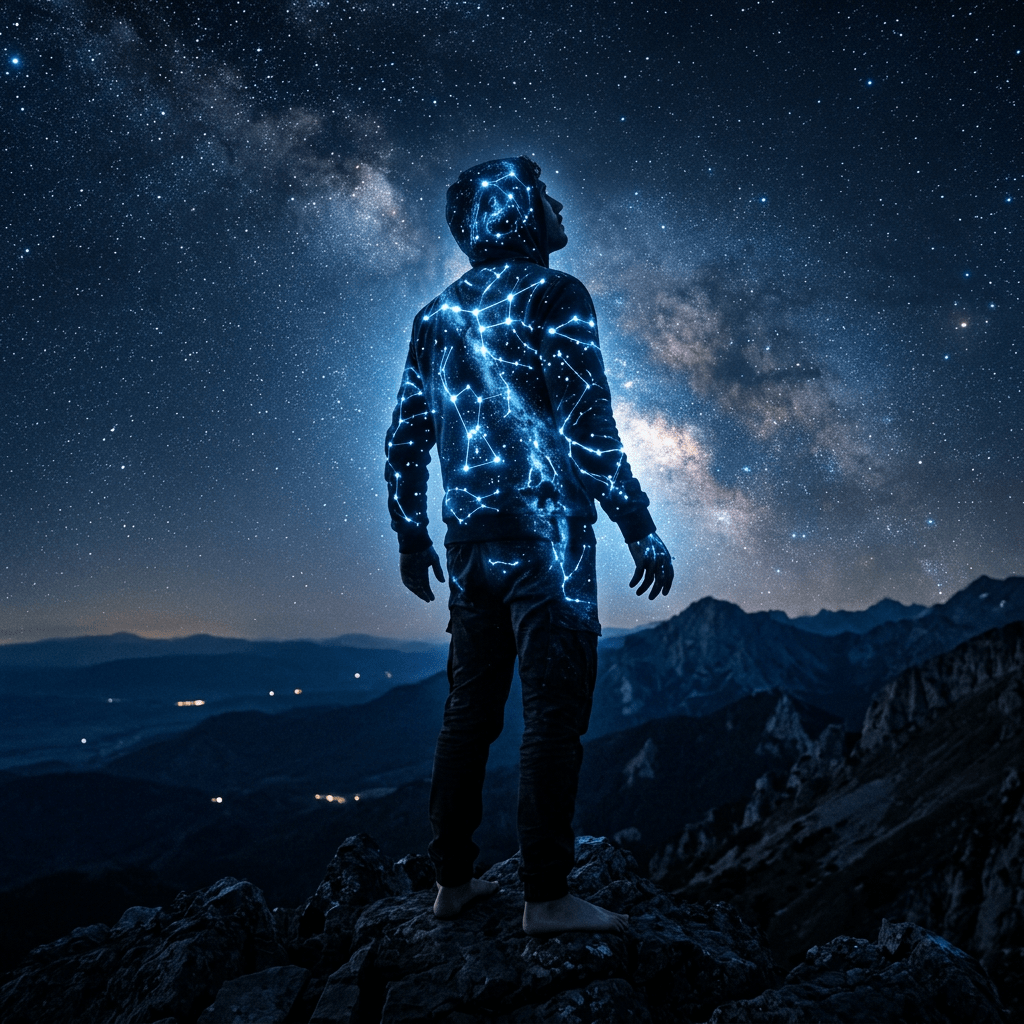 Person standing barefoot on rocks wearing constellation-patterned hoodie under starry sky