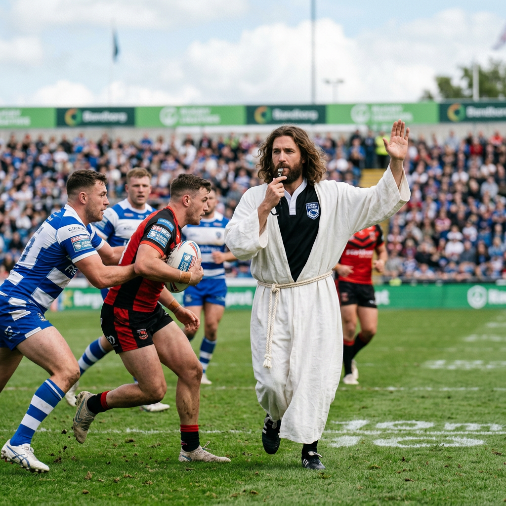AI image: Jesus as a rugby referee wearing a white robe blowing a whistle as players compete for the ball.