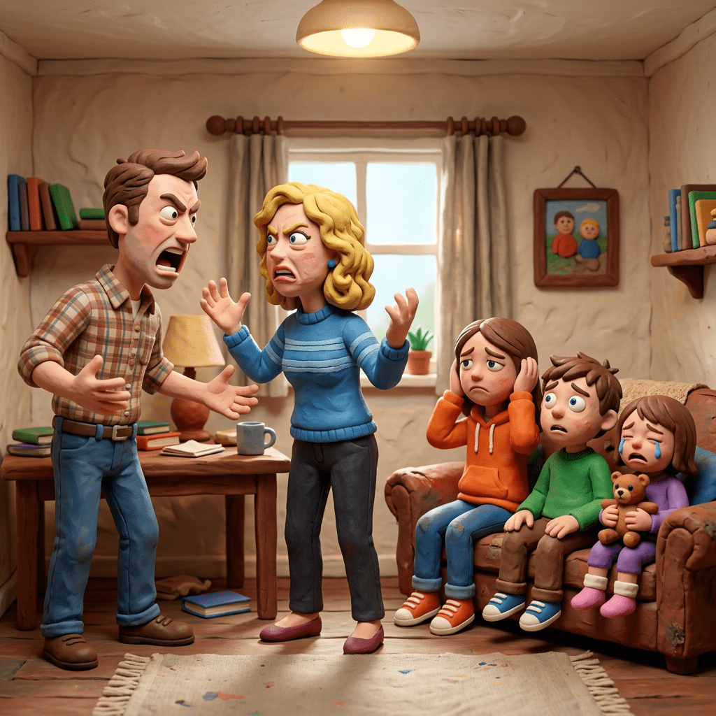 Angry parents arguing with three upset children sitting on a sofa