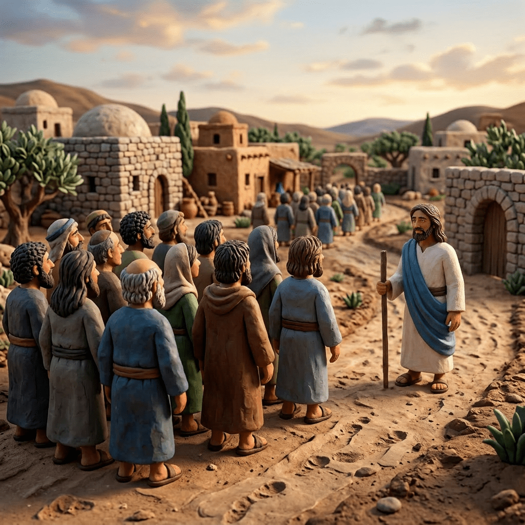 Jesus with his disciples whilst other disciples walk away, along a dusty road in a village. He lets them go.