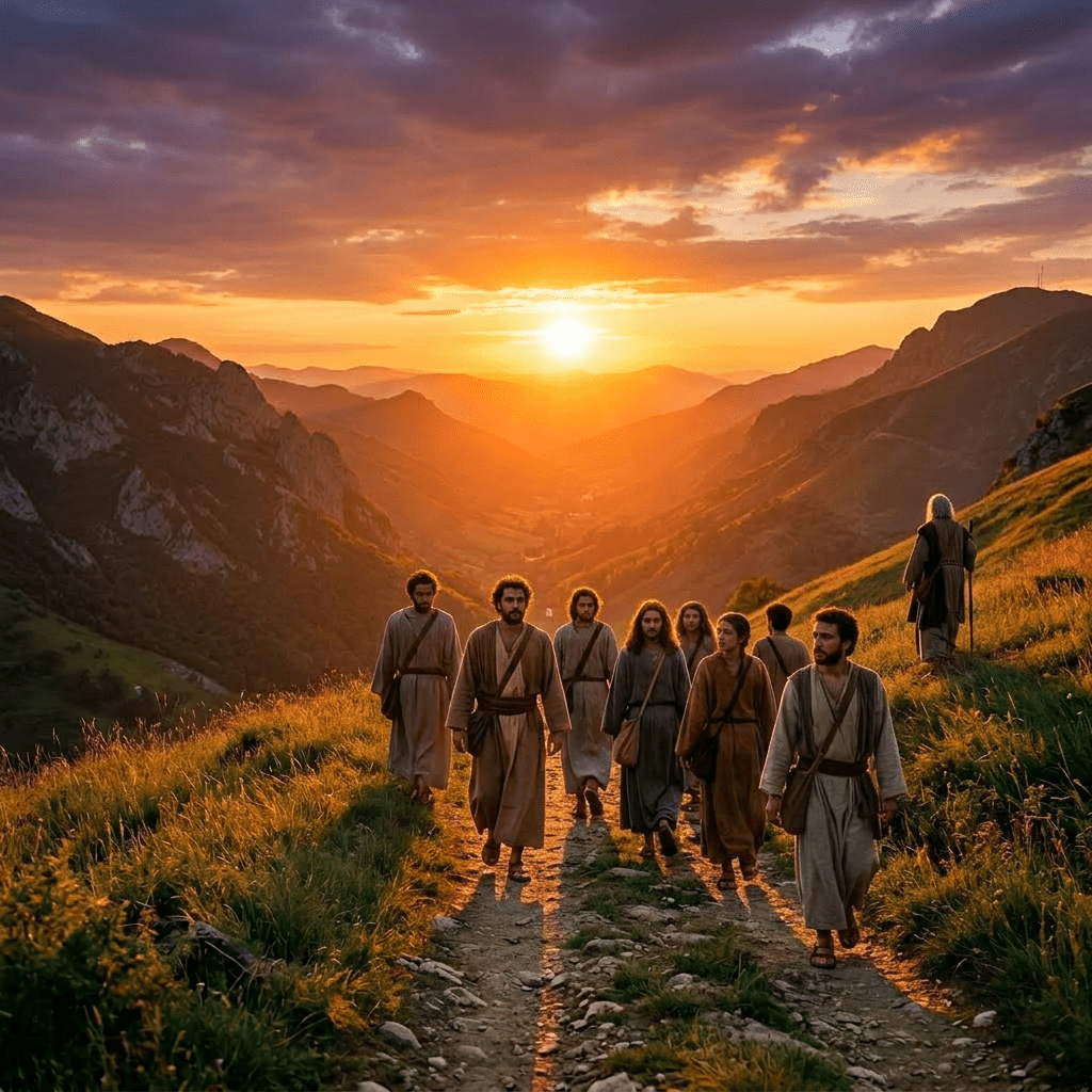 Group of robed people walking on a rocky path in nature at sunset. A preacher behind them faces the light.