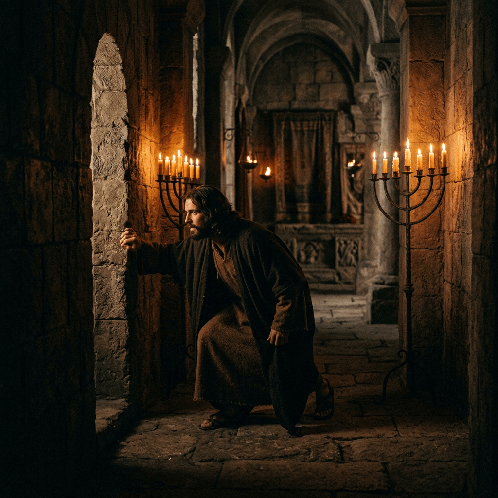 Man in robes looking through a narrow stone window in a candlelit ancient corridor