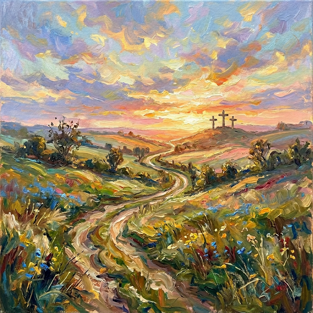 Winding dirt path through vibrant green hills under a colorful sunrise. The path goes past a hill containing three crosses.