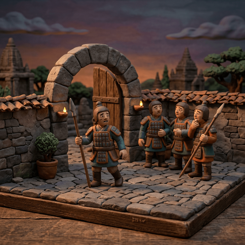 Clay figures of soldiers in armor holding spears standing by stone archway