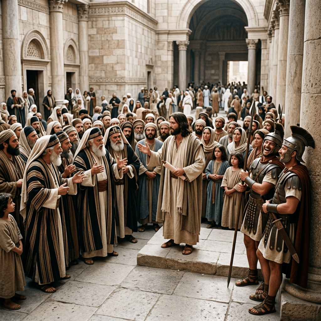 Man in robe speaking to a crowd of people in ancient robes and soldiers in armor