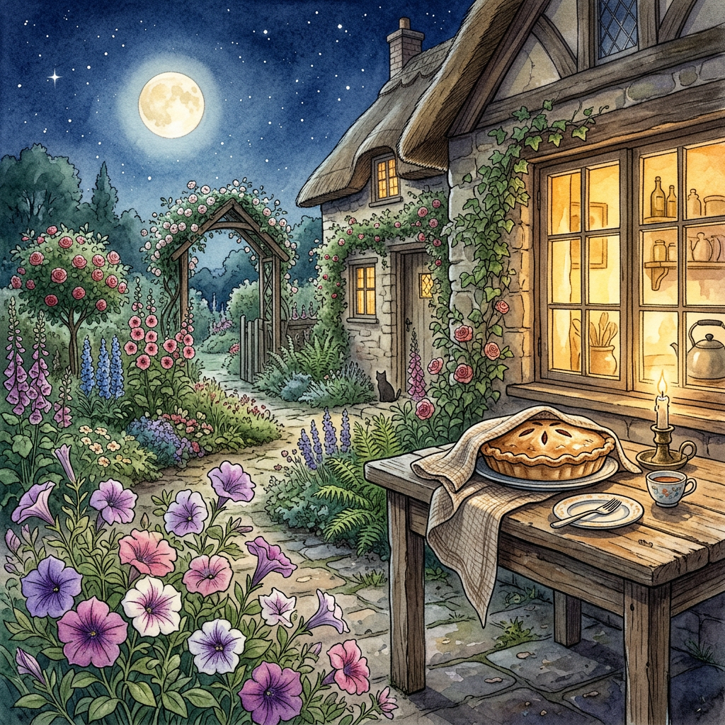 A whimsical storybook illustration of a moonlit cottage garden beside a warmly lit kitchen window, with a covered pie on a wooden table and delicate petunias in the foreground. 