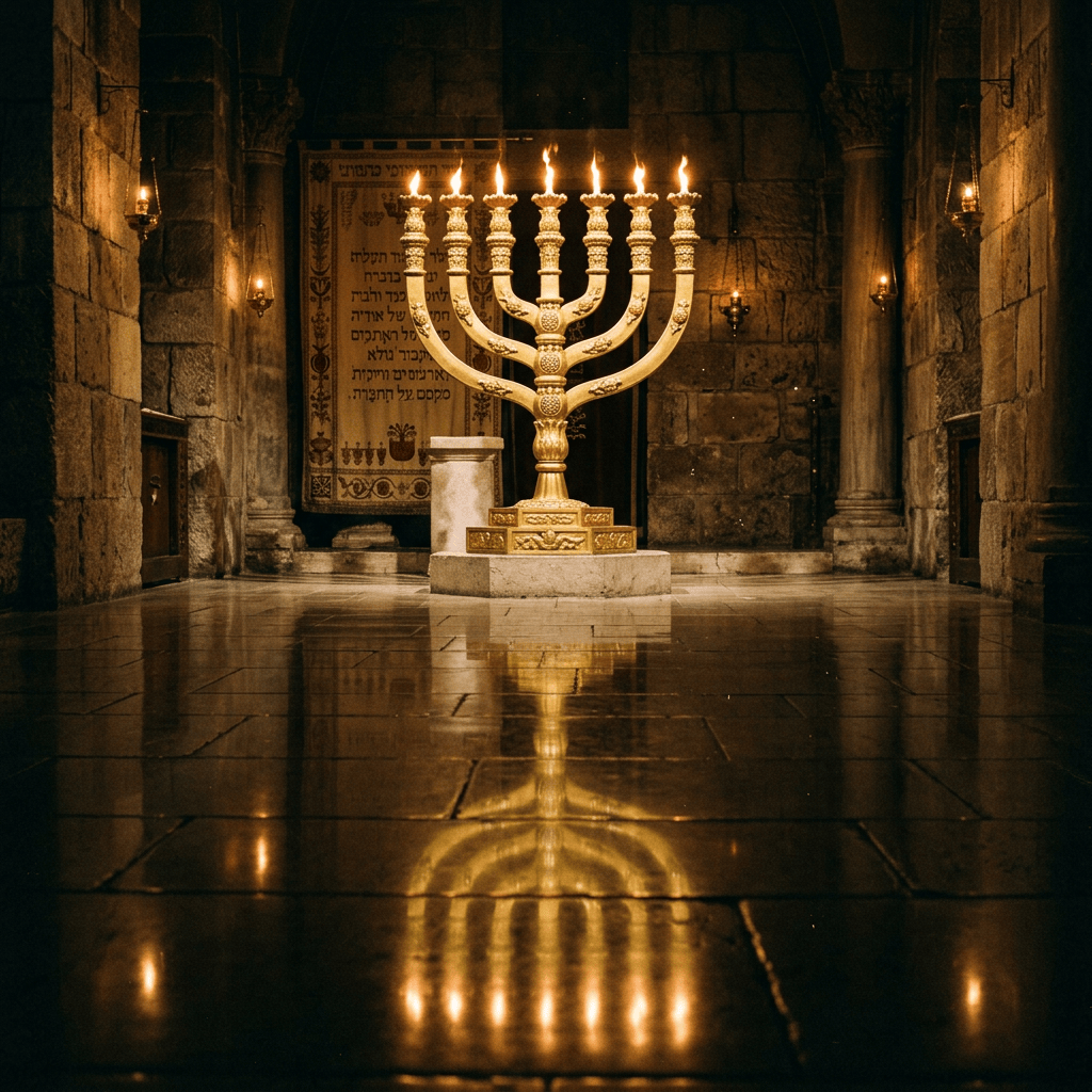 Seven-branched golden menorah lit inside an ancient stone sanctuary