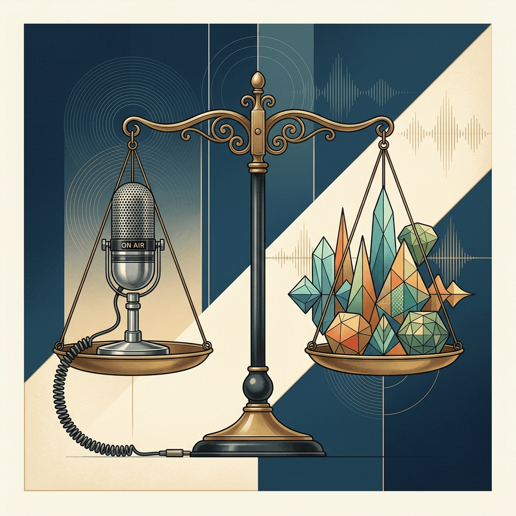 Scales balance a vintage microphone labeled ON AIR and colorful geometric shapes