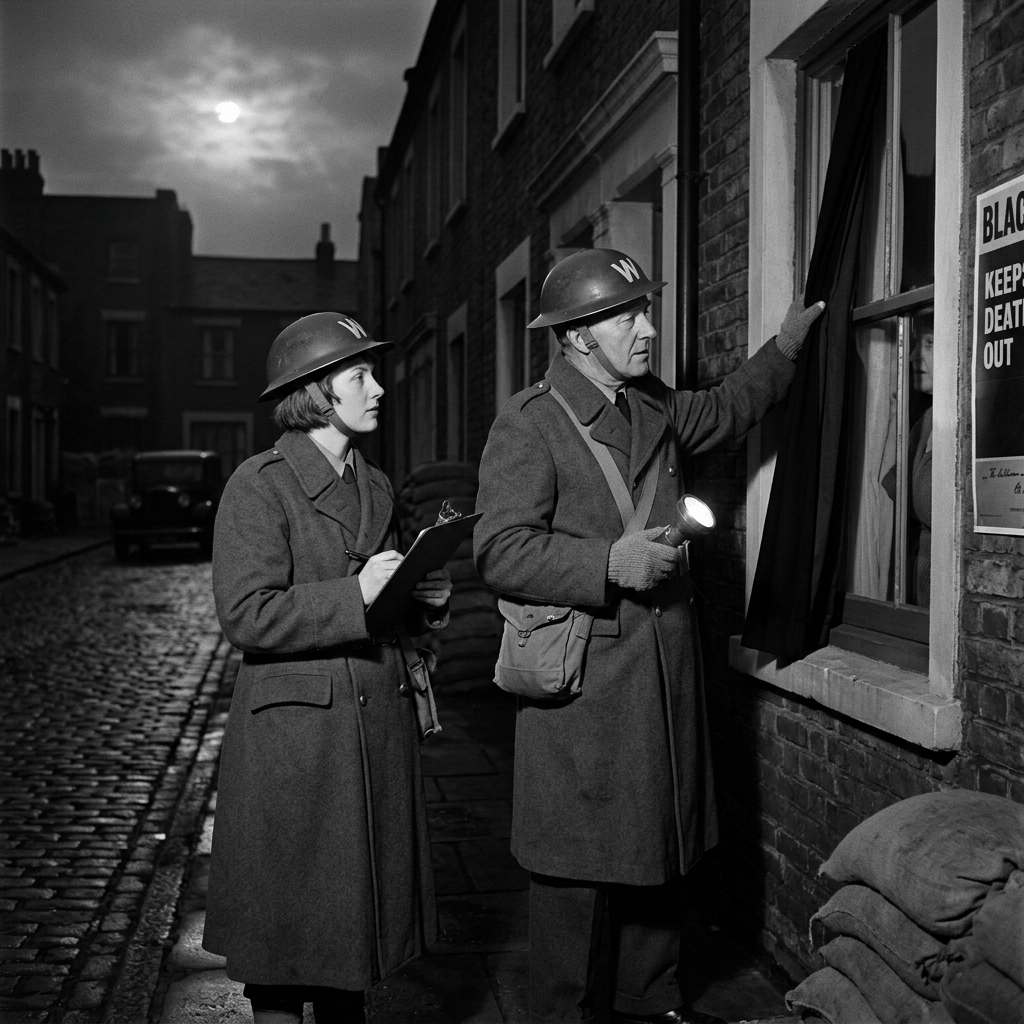 Two air-raid wardens inspect a curtained window beside a sign reading “BLACK... KEEP DEAT... OUT.”