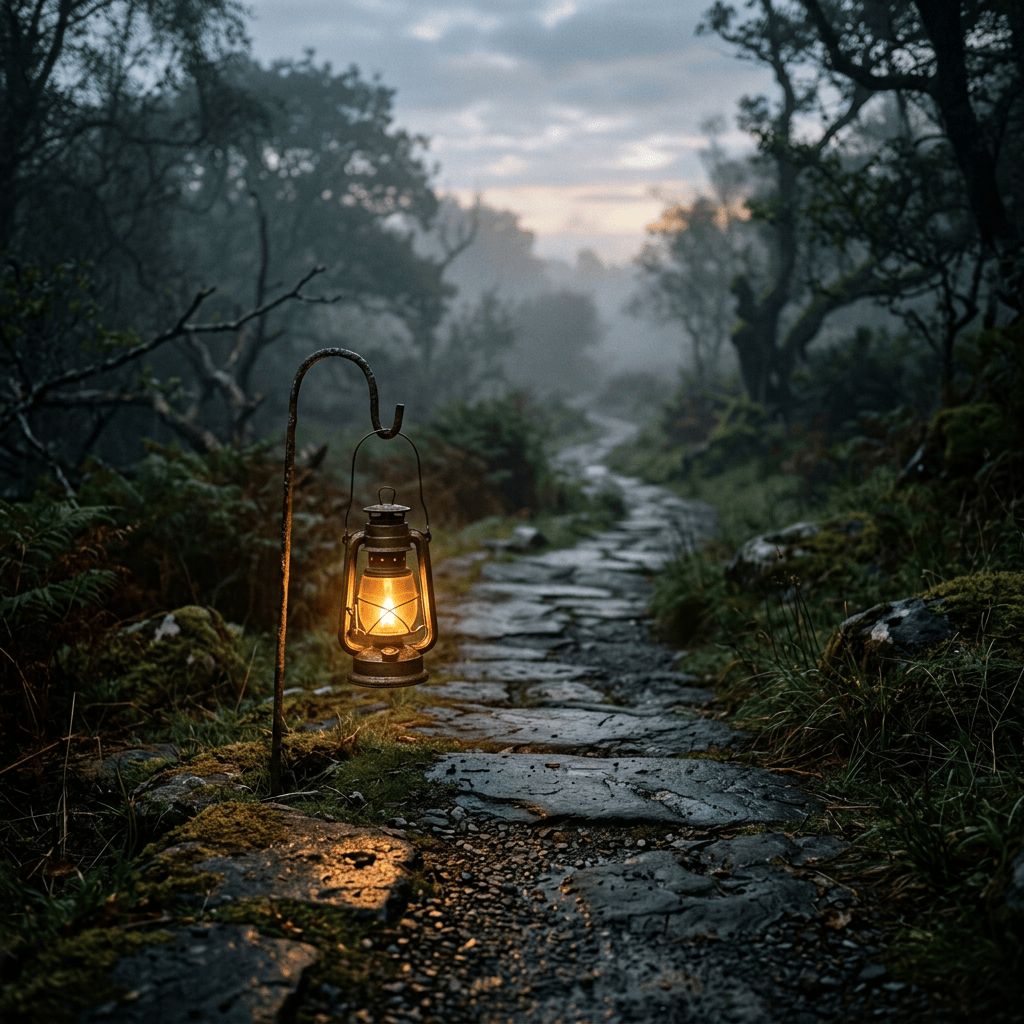 Glowing lantern beside a misty stone path through a forest