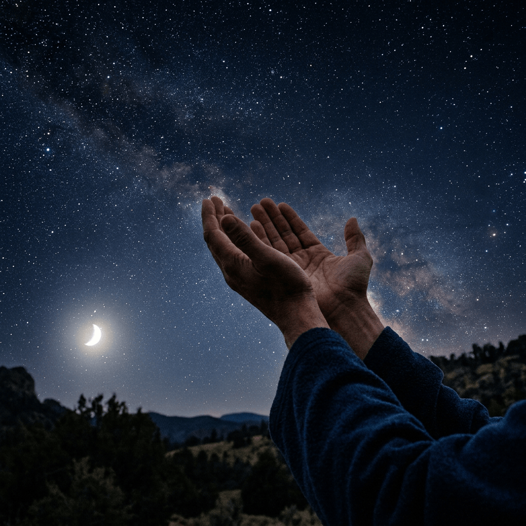 Upturned hands beneath the Milky Way and crescent moon