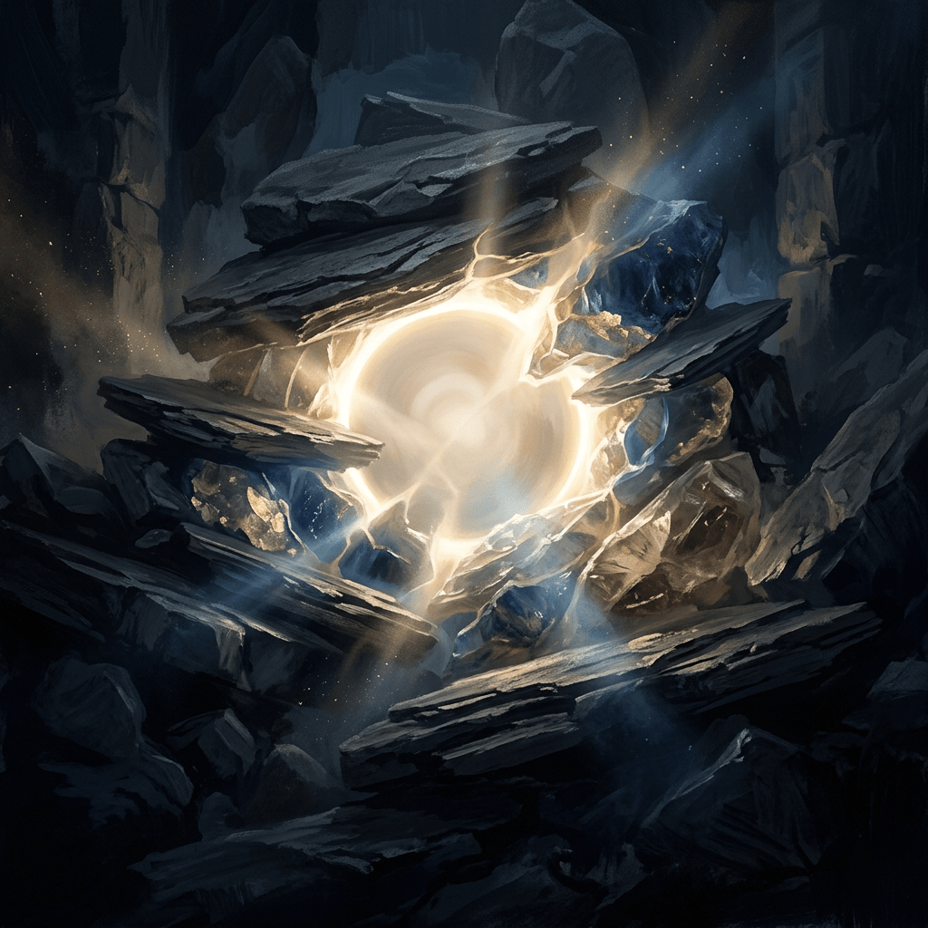 Glowing orb of energy surrounded by rocks and blue crystals in a cavern