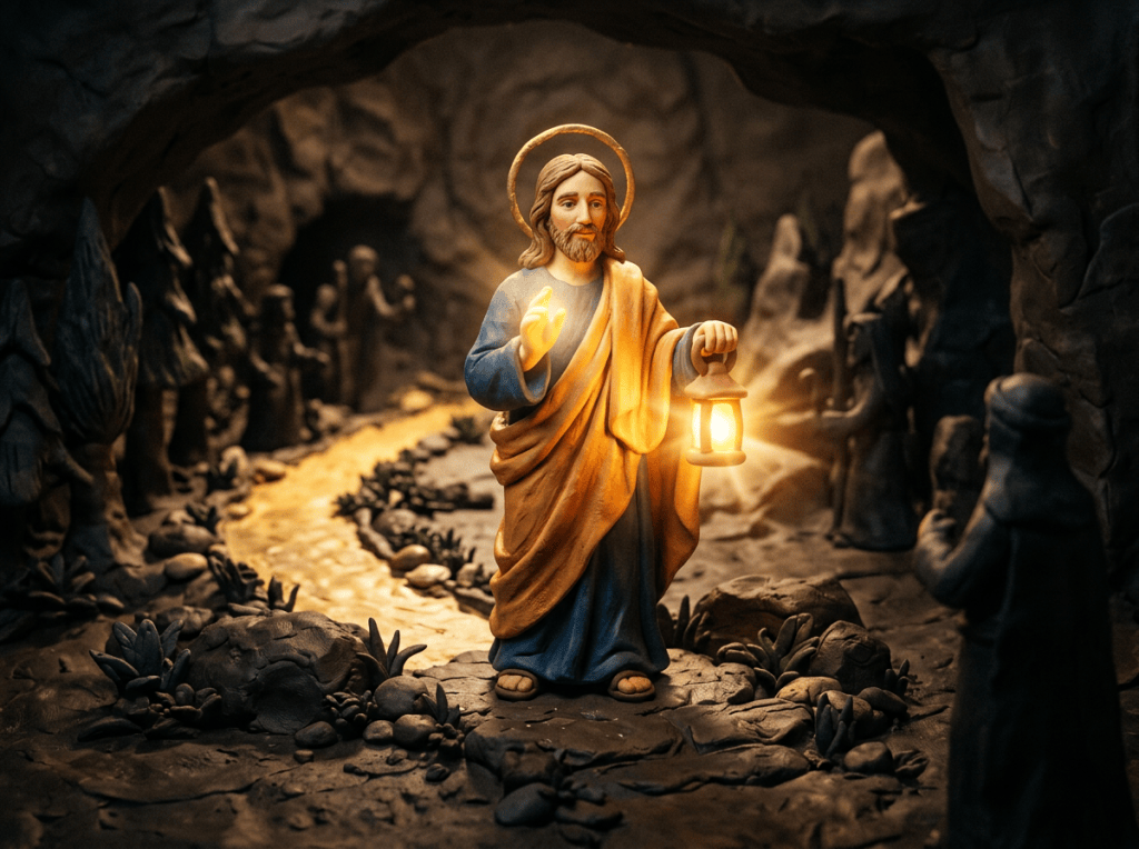 Haloed Jesus figure holding a glowing lantern in a cave